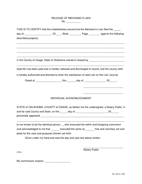 Release Of Mechanic’s Lien, Osage County form, first page