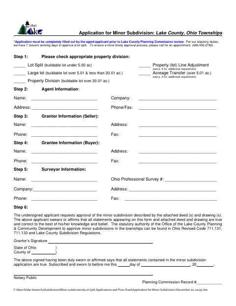 Application for Minor Subdivision, Lake County form, first page