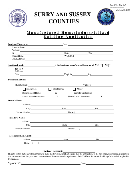 Manufactured Home/Industrialized Building Application, Sussex County form, first page