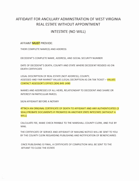 Affidavit for Ancillary Administration of West Virginia Real Estate Without Appointment, Intestate, Marshall County form, first page