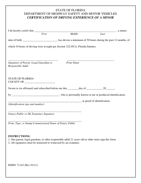 HSMV 71143 Certification of Driving Experience of a Minor first page