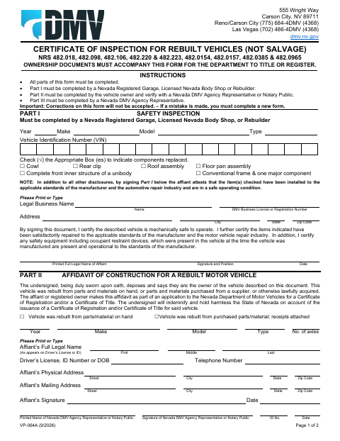 VP-064A Certificate of Inspection for Rebuilt Vehicles first page