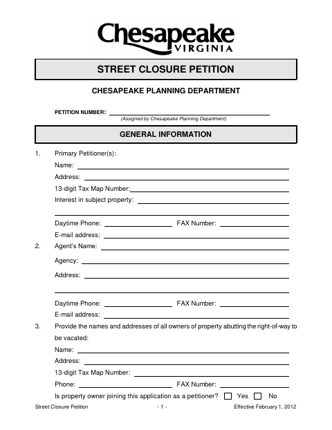 Street Closure Petition, City of Chesapeake form, first page