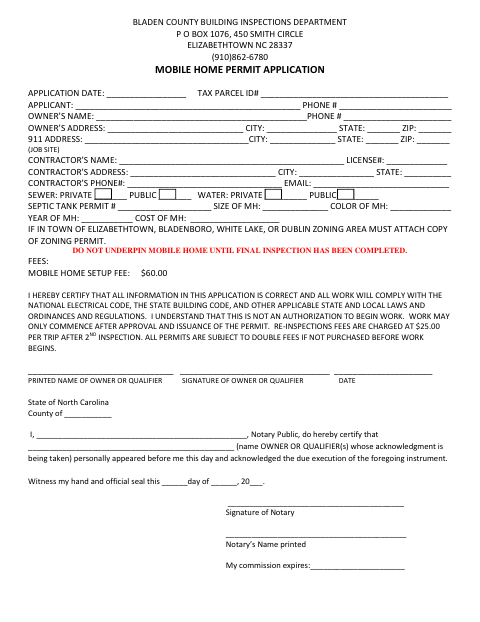 Mobile Home Permit Application, Bladen County form, first page