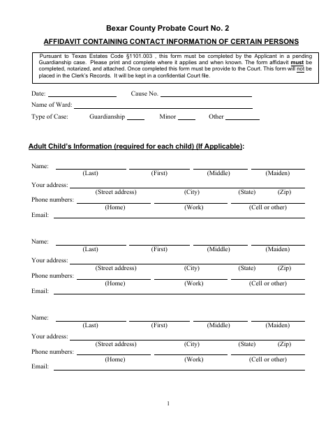 Affidavit Containing Contact Information, Bexar County form, first page
