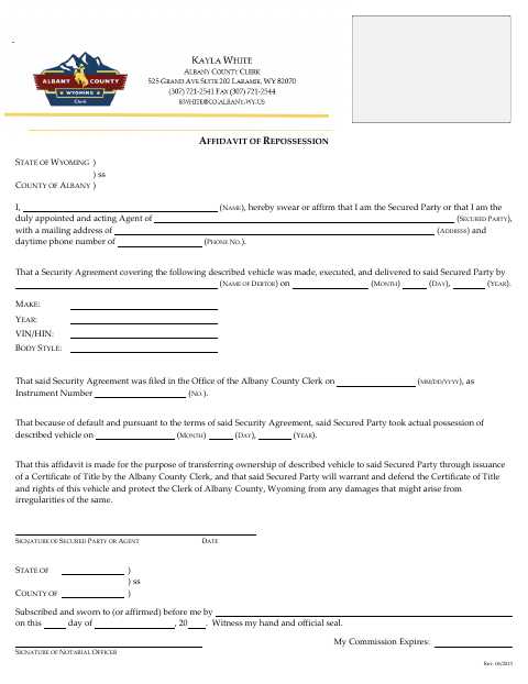 Affidavit of Repossession, Albany County form, first page