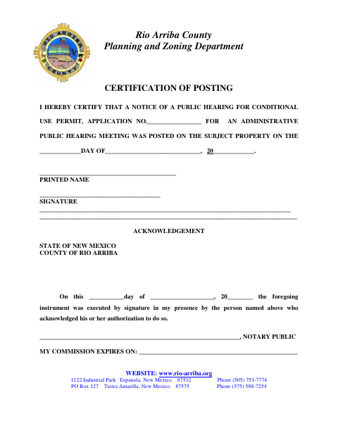 Certification of Posting, Rio Arriba County form, first page