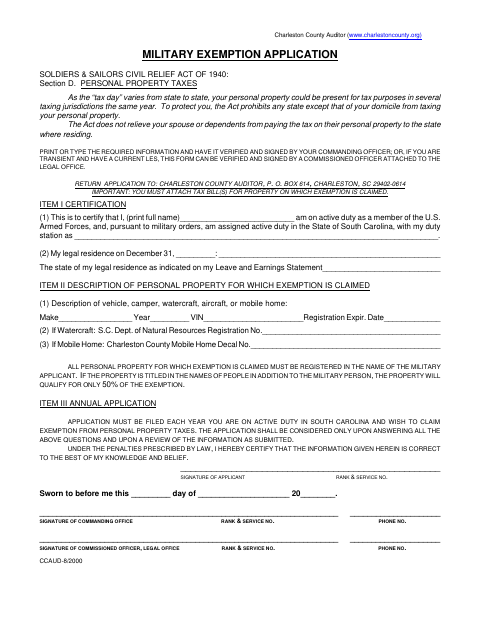 Military Exemption Application, Charleston County form, first page