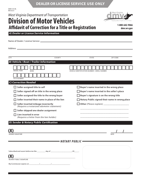 DMV-35-DL Affidavit of Correction for a Title or Registration first page