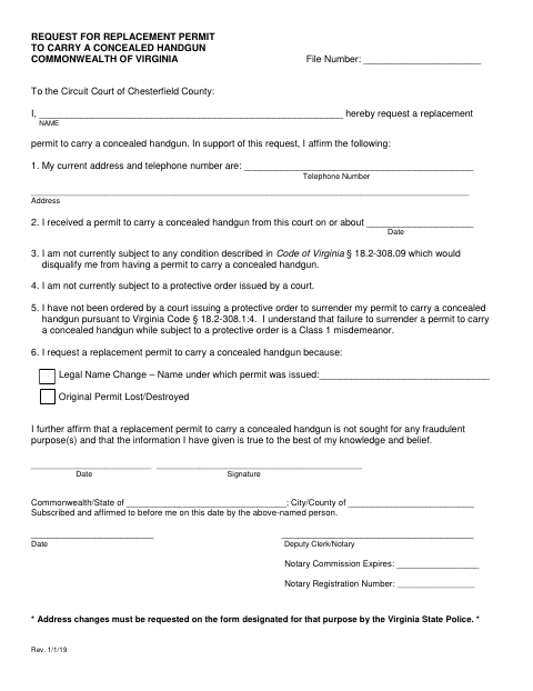 Request for Replacement Permit to Carry a Concealed Handgun, Chesterfield County form, first page
