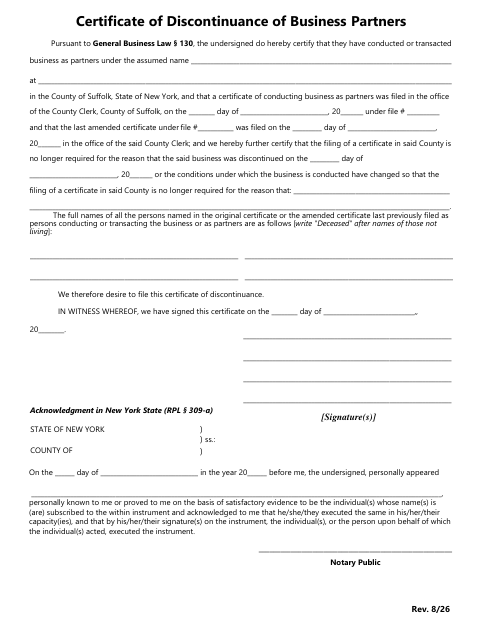 Certificate Of Discontinuance Of Business Partners, Suffolk County form, first page