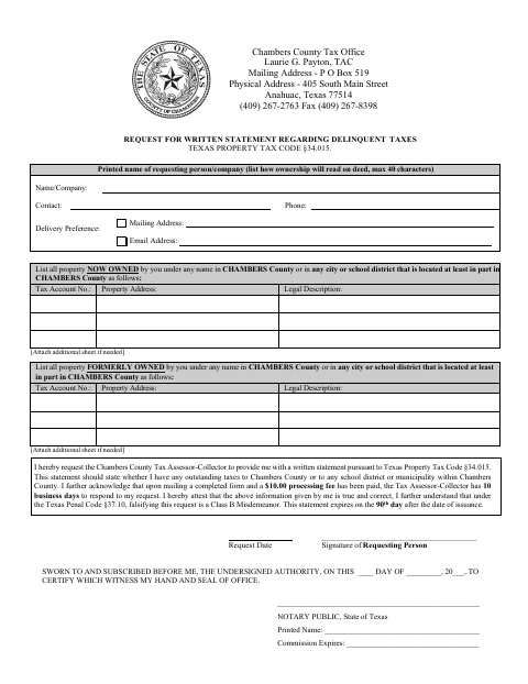 Request for Written Statement Regarding Delinquent Taxes, Chambers County form, first page