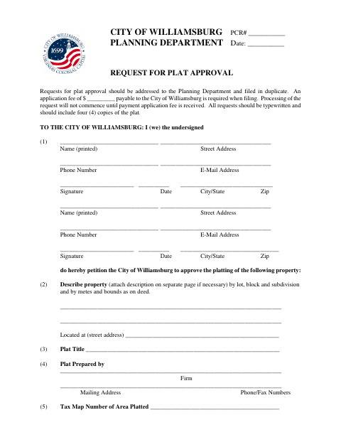 Request For Plat Approval, City of Williamsburg form, first page