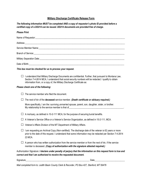 First page of the Military Discharge Certificate Release Form