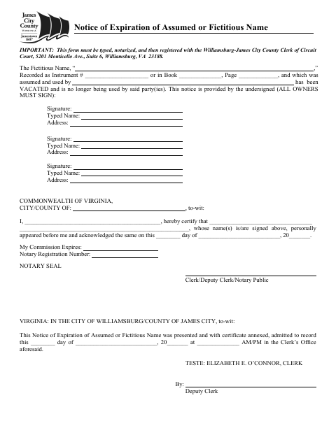 Notice of Expiration of Assumed or Fictitious Name, James City County form, first page