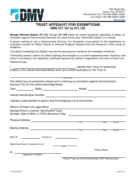 VP-242 Trust Affidavit for Exemptions first page
