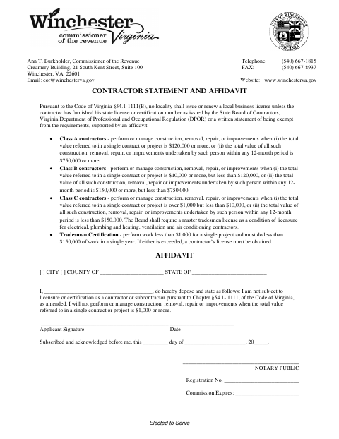 Contractor Statement and Affidavit, City of Winchester form, first page