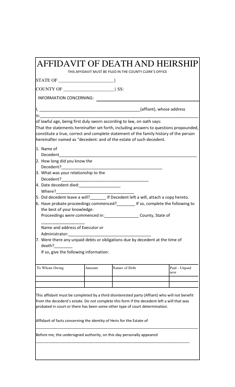 Affidavit of Death and Heirship, Grady County form, first page