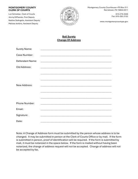 Bail Surety Change Of Address, Montgomery County form, first page
