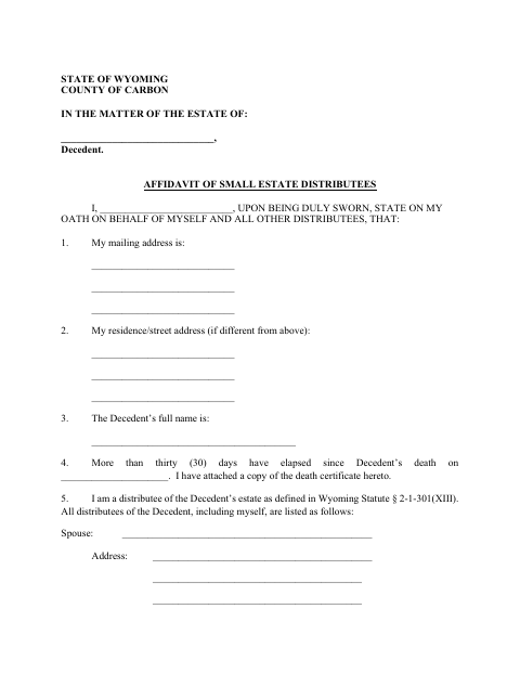 Affidavit of Small Estate Distributees, Carbon County form, first page