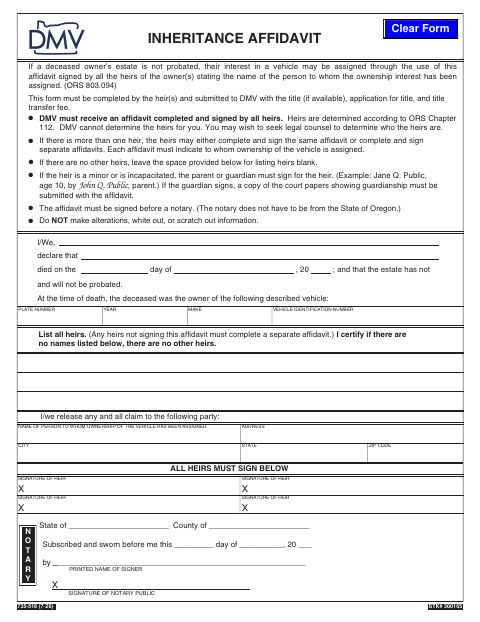 Inheritance Affidavit 735-516 first page