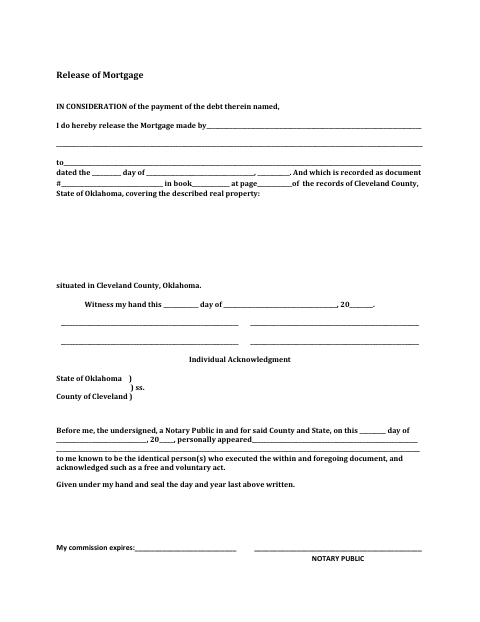 Release Of Mortgage, Cleveland County form, first page