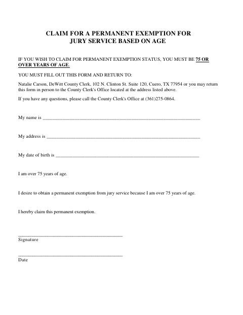 First page of the Claim for a Permanent Exemption for Jury Service Based on Age
