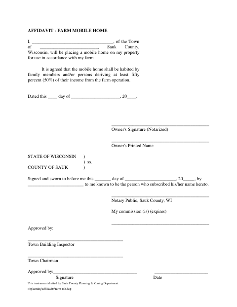 Farm Help at New Mobile Home Affidavit, Sauk County form, first page