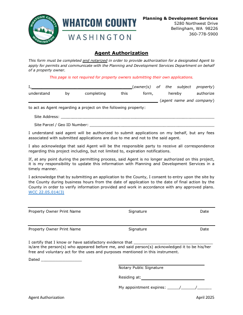 Agent Authorization, Whatcom County form, first page