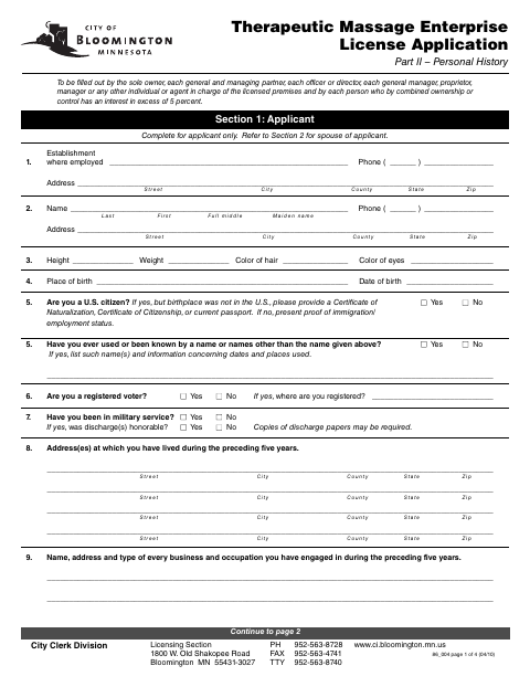 First page of the Therapeutic Massage Enterprise License Application Part II – Personal History