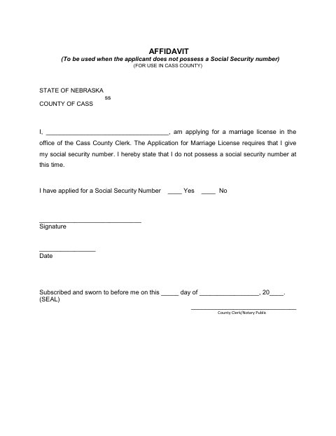 Affidavit, Cass County form, first page