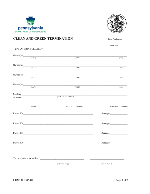 Clean and Green Termination, Indiana County form, first page