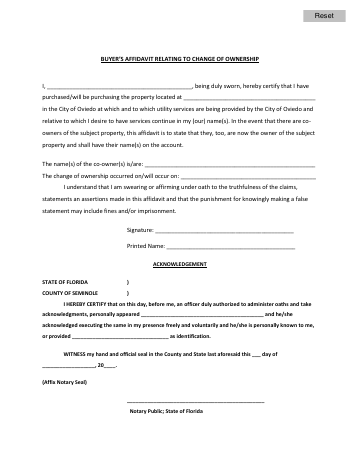 First page of the Buyer's Affidavit Relating to Change of Ownership