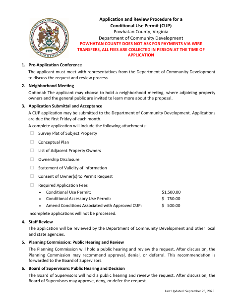 Conditional Use Permit Application, Powhatan County form, first page