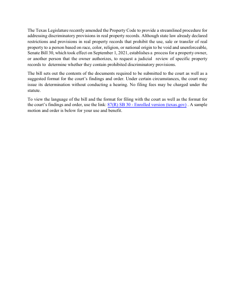 Motion and Order for Removal of Discriminatory Provision, Chambers County form, first page