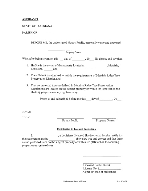 No Protected Trees Affidavit, Jefferson Parish form, first page