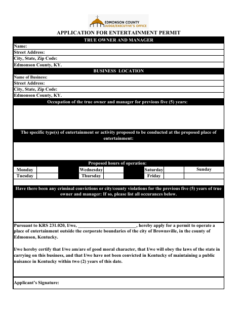 Application for Entertainment Permit, Edmonson County form, first page