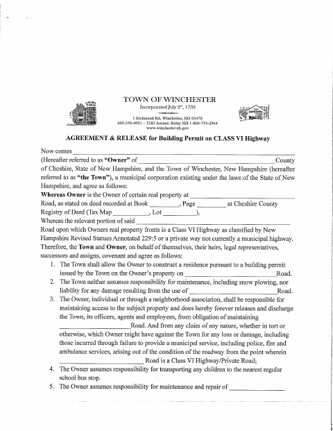 First page of the Agreement and Release for Building Permit on Class VI Highway