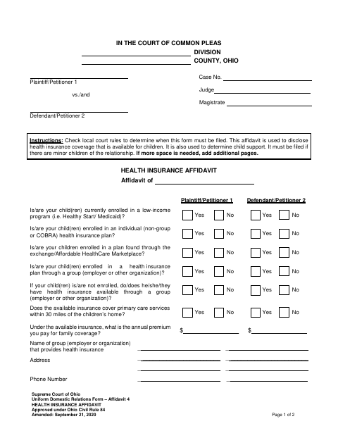 Health Insurance Affidavit, Knox County form, first page