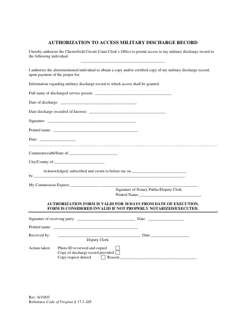 Authorization to Access Military Discharge Record, Chesterfield County form, first page