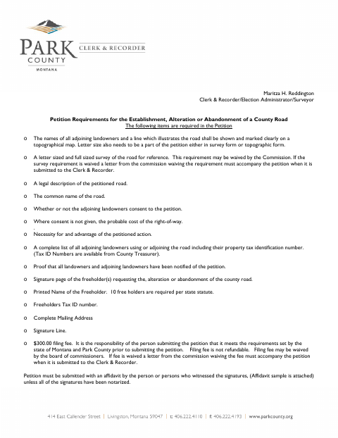 Petition to Abandon, Alter or Establish a County Road, Park County form, first page
