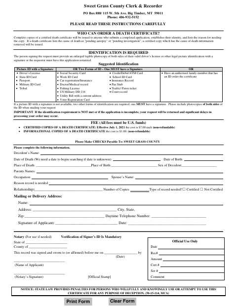 Death Certificate Application, Sweet Grass County form, first page