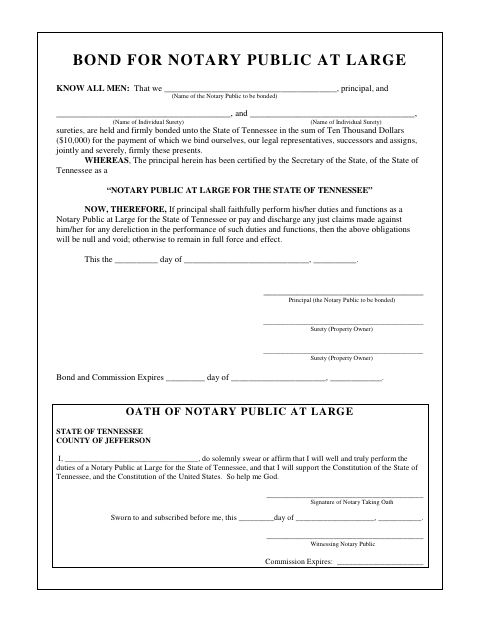 Bond for Notary Public at Large, Jefferson County form, first page