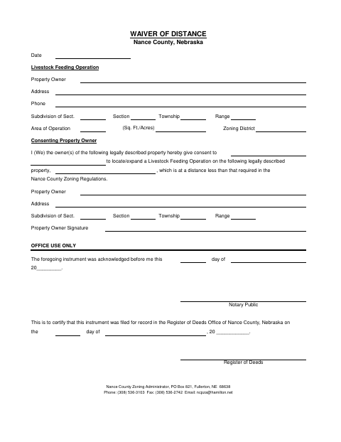 Waiver Of Distance, Nance County form, first page