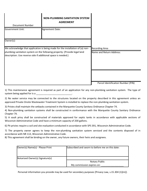 Non-Plumbing Sanitation System Agreement, Marquette County form, first page