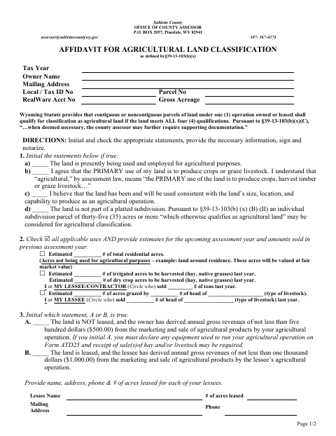 Affidavit for Agricultural Land Classification, Sublette County form, first page