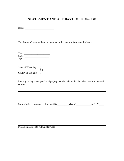Statement and Affidavit of Non-Use, Sublette County form, first page