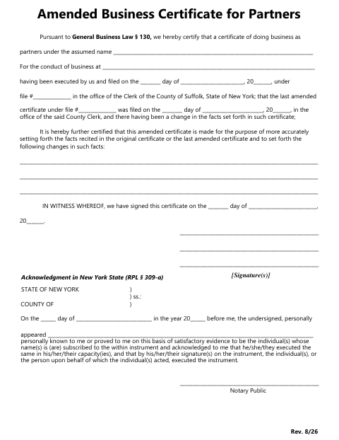 Amended Business Certificate For Partners, Suffolk County form, first page
