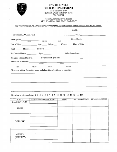First page of the Police Department Employment Application