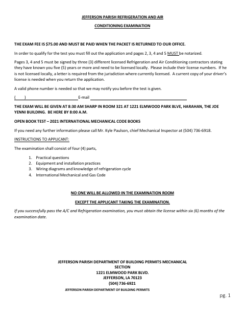 Refrigeration and Air Conditioning Examination Application, Jefferson Parish form, first page